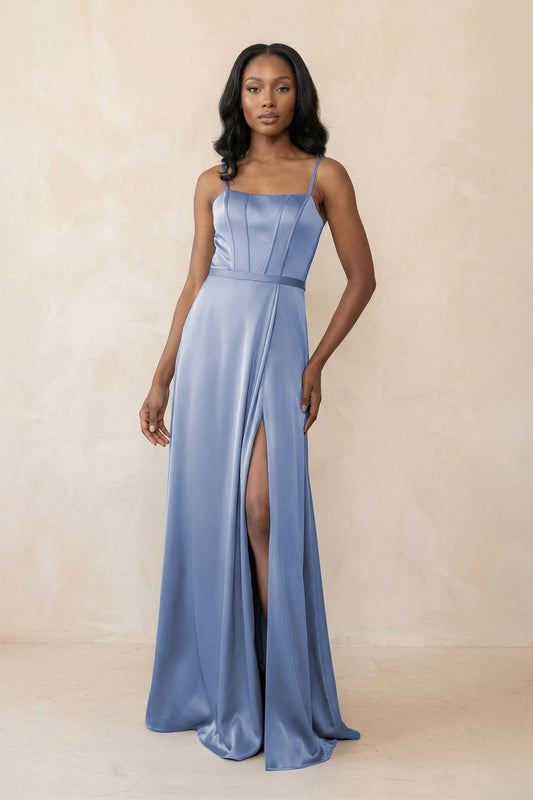 Cami Strap Corset Satin Sheath Bridesmaid Dress in Mist
