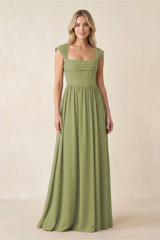 Cap Sleeve Corset A-Line Chiffon Bridesmaid Dress in Moss Green