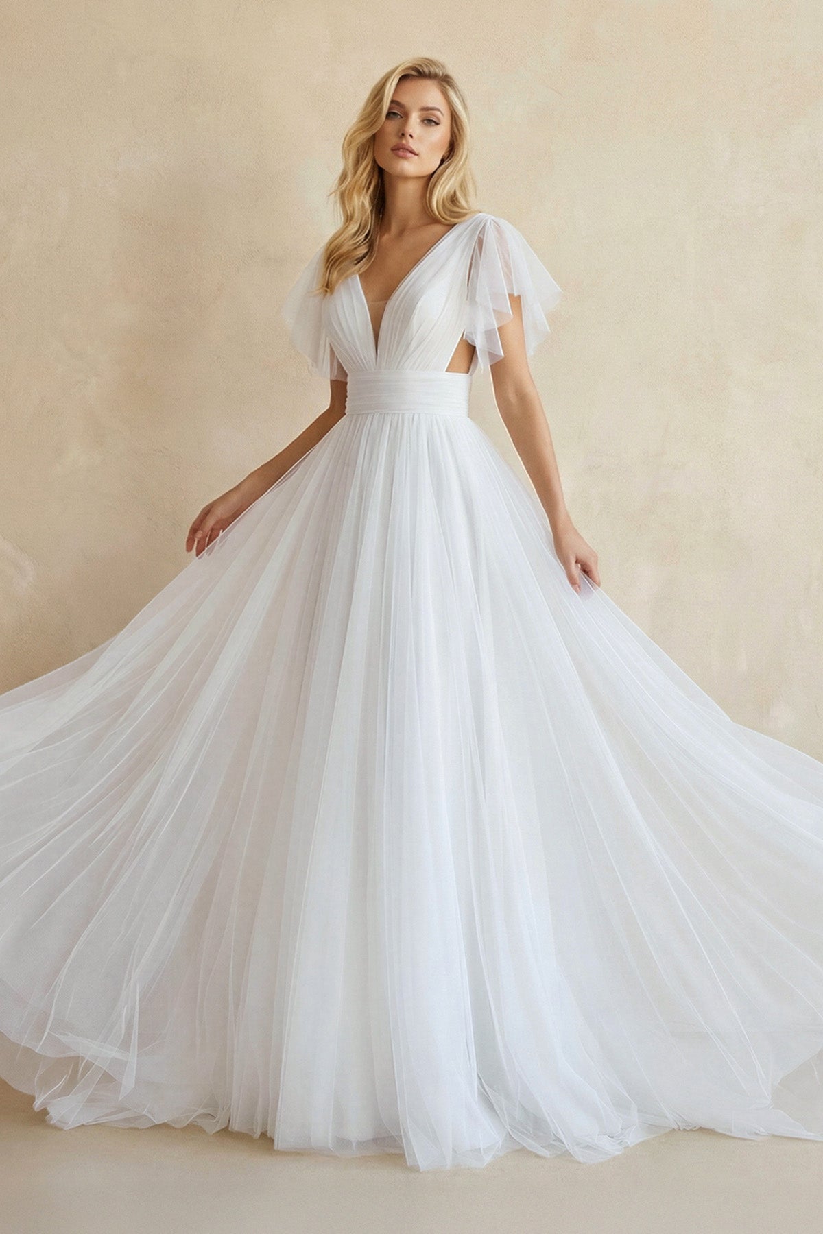 Casual Beach A-Line Tulle Wedding Dress With V-neck And Low-V Back
