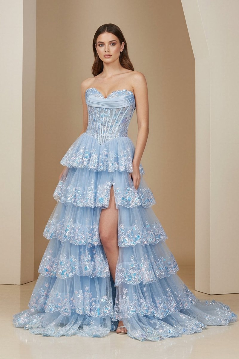 Sky Blue Sweetheart A Line Sequined Lace Long Formal Prom Dresses With Ruffles