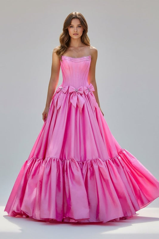 A-Line Black Strapless Satin Long Prom Dresses with Bow Knots