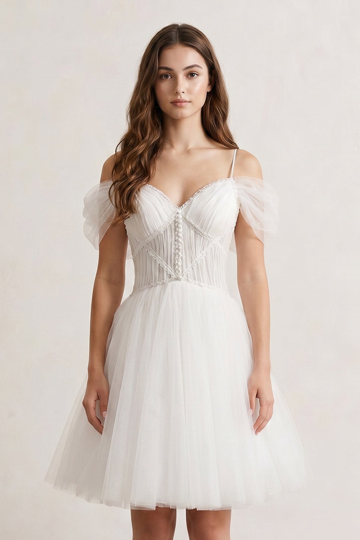 Ivory A-line V Neck Tulle Homecoming Dresses