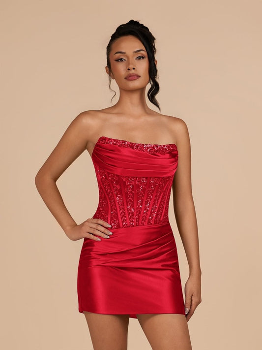 Red - Strapless Bodycon Satin Pleated Mini Party Dresses With Beading
