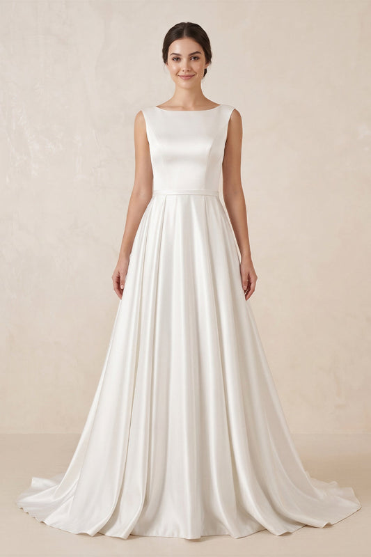 Pure White Satin Sleeveless Bridal Dresses with Pockets