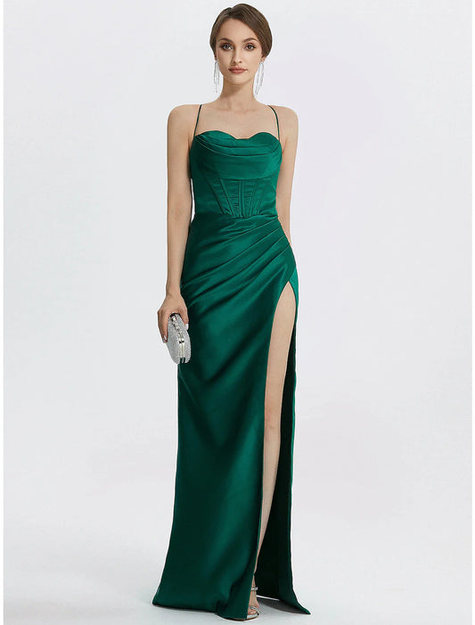 Meerjungfrau/Trompete Ballkleider Korsettkleid Hochzeitsgast Abendkleid Schwarze Krawatte Bodenlang Ärmellos Wasserfallausschnitt Satin mit gerüschtem Schlitz