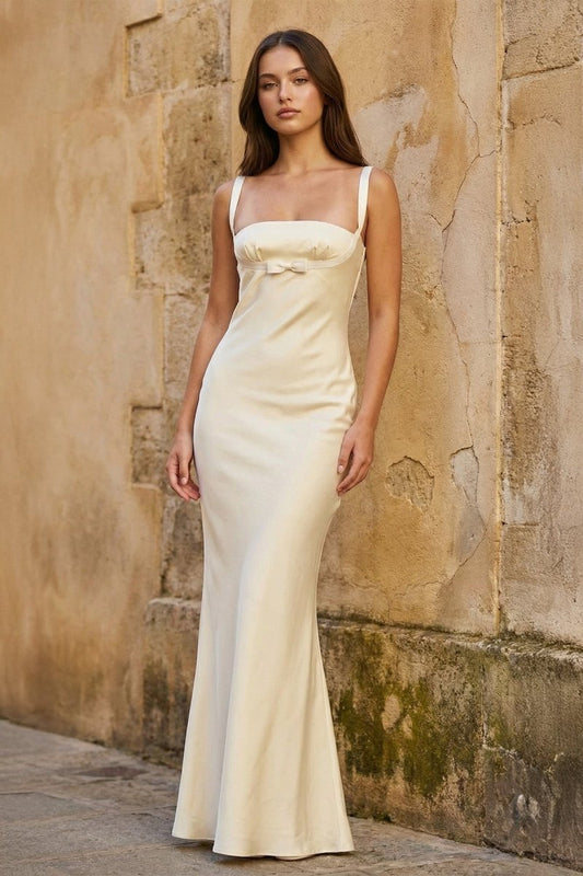Yellow Square Neck Mermaid Satin Long Prom Dresses With Bowknot
