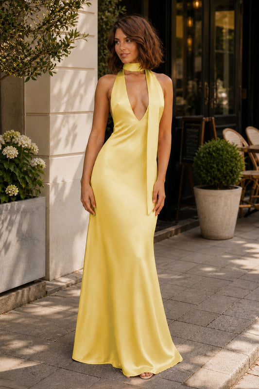 Yellow - Halter Deep V Neck Satin Sheath Backless Long Prom Dresses