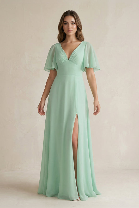 Flutter Sleeve V-Neck A-Line Chiffon Bridesmaid Dress in Pale Pistachio