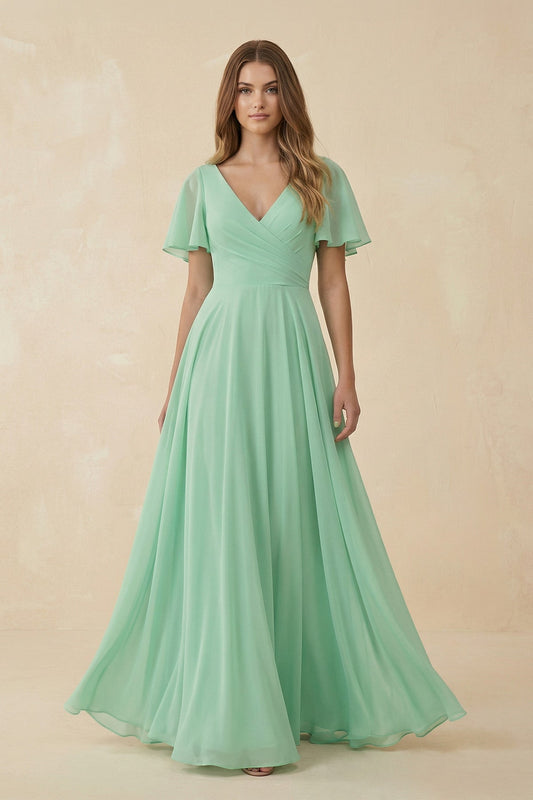 Flutter Sleeve V-Neck Chiffon A-Line Bridesmaid Dress in Pale Pistachio