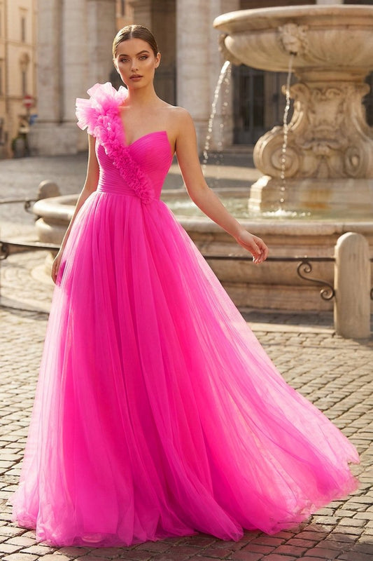 A-Line One Shoulder Long Tulle Prom Dress with Ruffles
