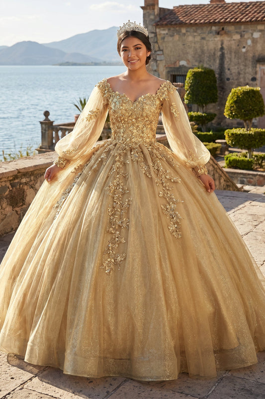 Glamorous Gold Off the Shoulder Glitter Tulle Quinceanera Dress