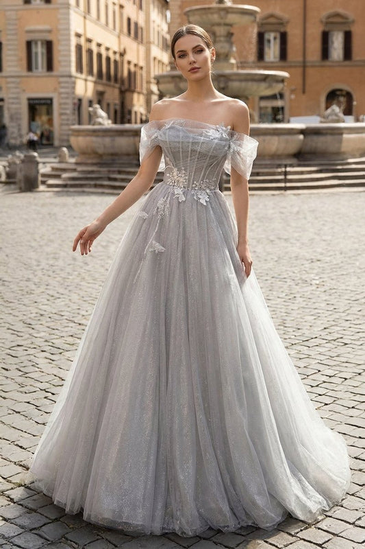 Gray A-Line Off the Shoulder Tulle Prom Dress. Lovely Corset Floor Length Party Dress