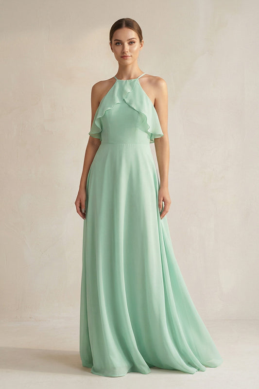 Halter Neck A-Line Chiffon Bridesmaid Dress with Keyhole in Pale Pistachio