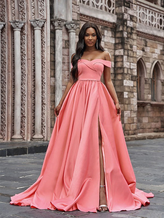 A-Line/Princess Satin Sleeveless Ruffles Off-the-Shoulder Court Train Dresses Prom Evening Dress