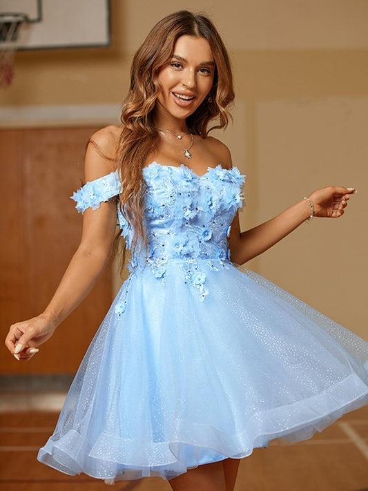 A-Line/Princess Tulle Applique Off-the-Shoulder Sleeveless Short/Mini Dresses Prom Homecoming Dress
