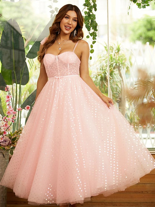 A-Line/Princess Ruffles Spaghetti Straps Sleeveless Ankle-Length Dresses Prom Dress Gowns