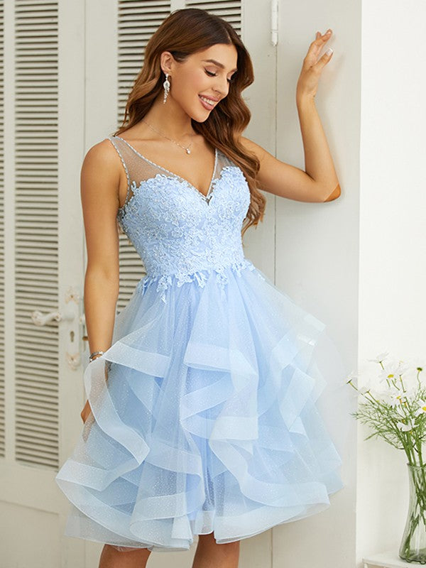 knee length dresses prom A-Line/Princess Applique V-neck Sleeveless Knee-Length Dresses Prom Ho – kingbridals
