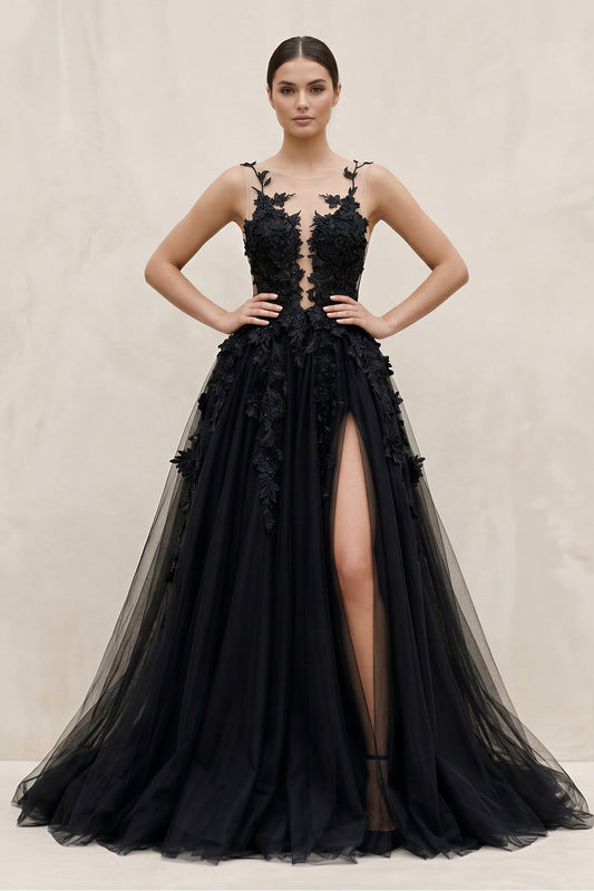 Sexy Black Lace Appliques Sleeveless Tulle Backless Wedding Dresses with Veil