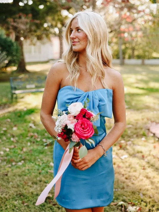 Blue - Sheath Strapless Short Homecoming Dresses With Bow