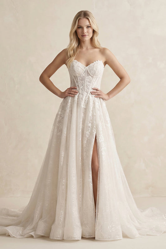 Lace A-Line Sweetheart Corset Wedding Dress With Slit in Ivory