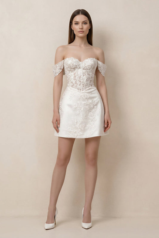 Lace Sheath A-Line Off-the-Shoulder Mini Wedding Dress in White