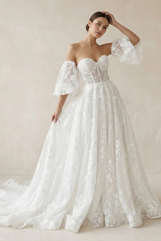 Lace Sweetheart A-Line Corset Wedding Dress With Sleeves in White