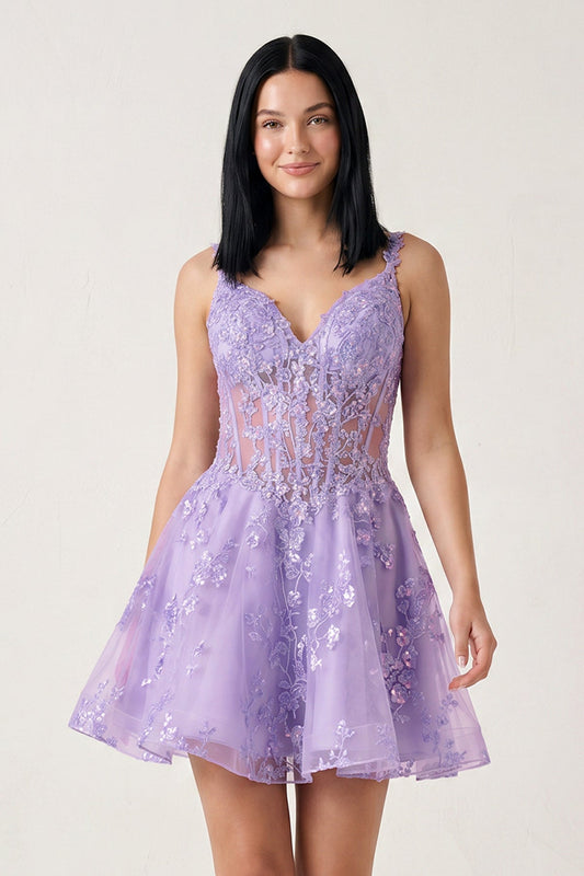 Lilac A-line Appliques Deep V Neck Short Homecoming Dress