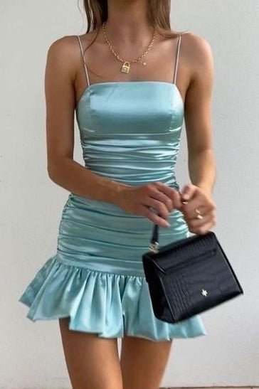 Aqua Spaghetti Straps Pleated Satin Sleeveless Short Homecoming Dress