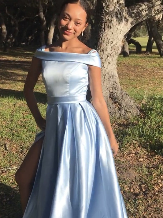 Vestido de noche de graduación de corte A/princesa, de satén, sin mangas, con volantes y hombros descubiertos