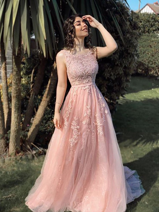Vestido de noche de fiesta con corte A/princesa, de tul, con apliques, escote redondo, sin mangas y cola larga