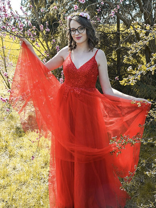 A-Line/Princess Tulle Spaghetti Straps Applique Sleeveless Floor-Length Dresses Prom Evening Dress