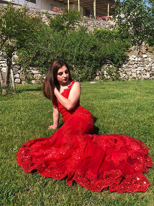 Vestido de noche de fiesta con escote redondo, corte trompeta/sirena, sin mangas, de tul y apliques