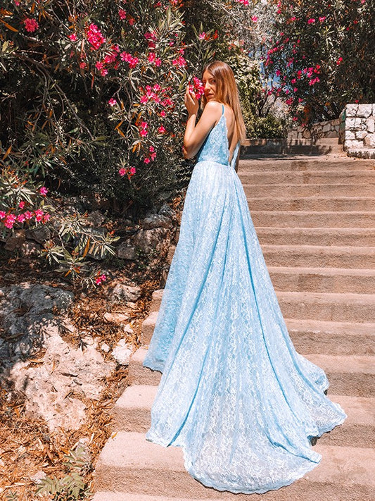 Vestido de noche de fiesta con corte A/princesa, encaje, volantes, tirantes finos, sin mangas y cola larga