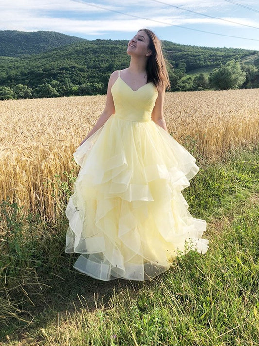 Vestidos de fiesta de noche con corte A/princesa, volantes, tirantes finos, sin mangas, de tul, hasta el suelo