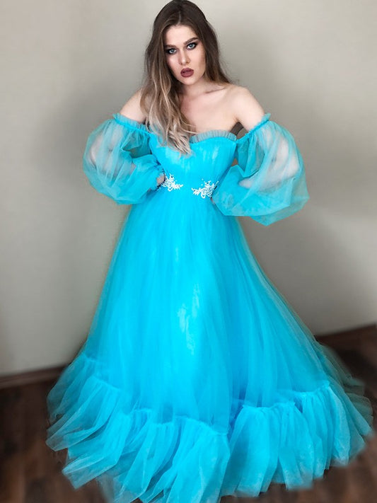 Vestido de noche de graduación con corte A/princesa, hombros descubiertos, apliques de tul, largo hasta el suelo, mangas largas