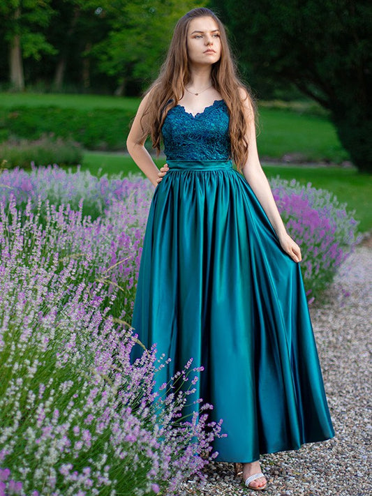 Vestido de noche de graduación con tirantes finos, sin mangas, largo hasta el suelo, con encaje, imitación seda satinada
