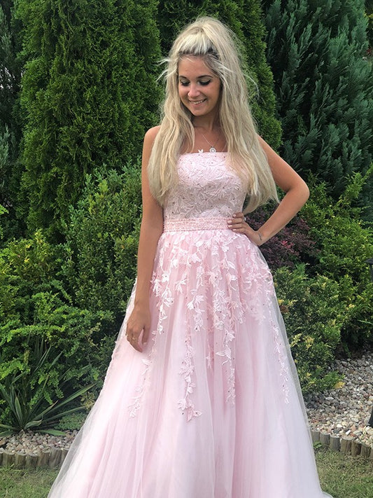 Vestido de noche de graduación con apliques de tul, corte A/princesa, sin tirantes, sin mangas, largo hasta el suelo