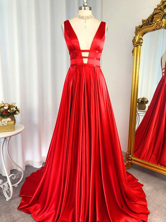 Vestido de noche de graduación con corte A/princesa, escote en V, sin mangas, cola larga y efecto seda satinada