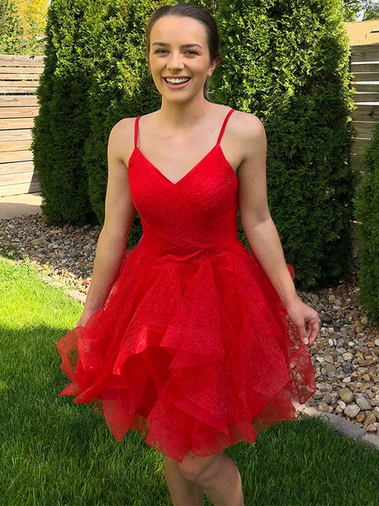 Vestido de cóctel corto/mini de tul sin mangas con volantes y tirantes finos de corte A/princesa