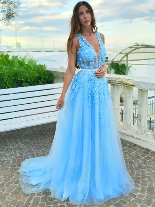 Vestido de noche de fiesta con apliques de tul, corte A/princesa, escote en V, sin mangas y cola larga