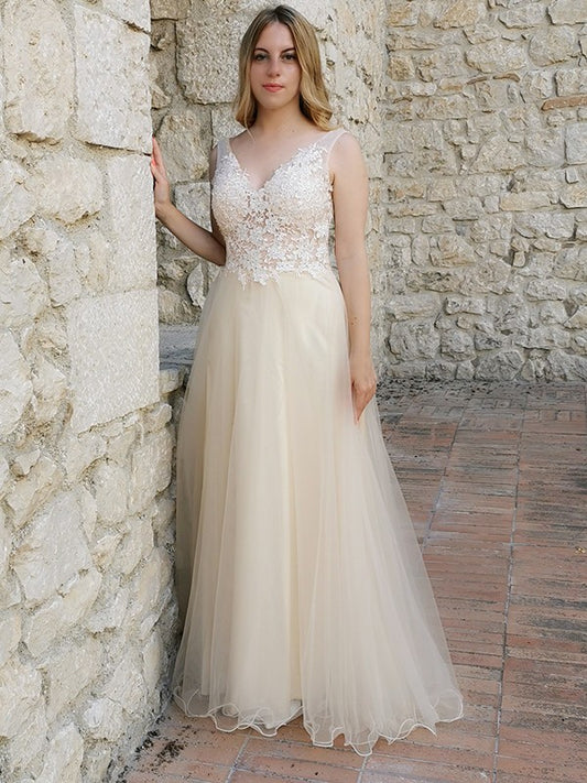 Vestido de noche de fiesta de corte A/princesa, sin mangas, con apliques de tul, escote en V y largo hasta el suelo