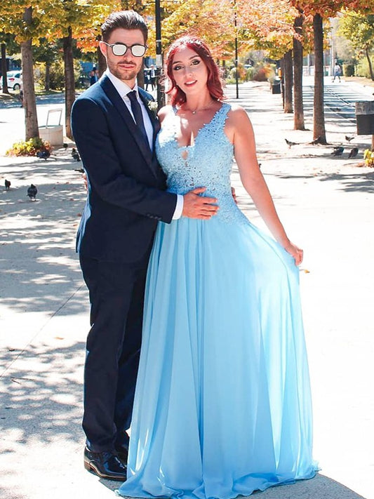 Vestido de noche de graduación con corte A/princesa, tirantes finos, gasa, apliques, sin mangas y largo hasta el suelo