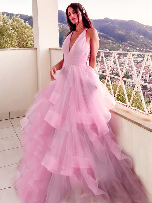 Vestido de noche de graduación con corte A/princesa, escote en V, volantes, organza, sin mangas y largo hasta el suelo