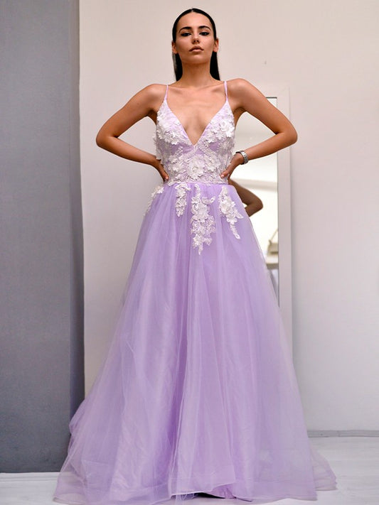 Vestido de noche de fiesta de corte A/princesa de tul con escote en V, apliques, sin mangas y cola larga