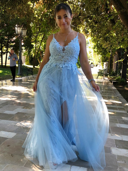 Vestido de noche de graduación con corte A/princesa, tirantes finos, apliques de tul, sin mangas y largo hasta el suelo