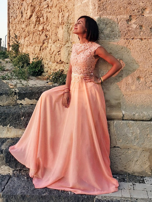 Vestido de noche de graduación con corte A/princesa, apliques, escote redondo, de gasa, sin mangas y largo hasta el suelo