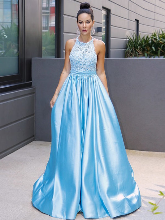 Vestido de noche de graduación con corte A/princesa, satén, halter, sin mangas, apliques, cola larga