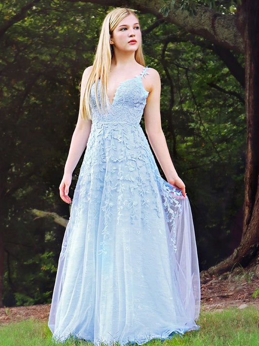 Vestido de noche de fiesta de corte A/princesa, sin mangas, escote en V, apliques de tul, largo hasta el suelo