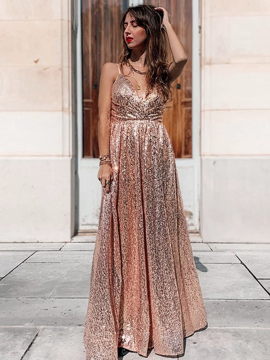 Vestido de noche de graduación con lentejuelas, tirantes finos, sin mangas, fruncido, largo hasta el suelo