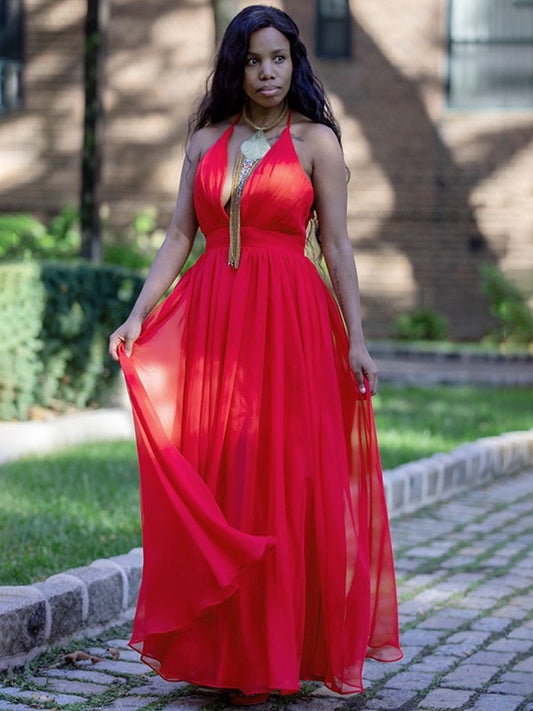 Vestido de noche de graduación de corte A/princesa, de gasa, con volantes, tirantes finos, sin mangas y largo hasta el suelo